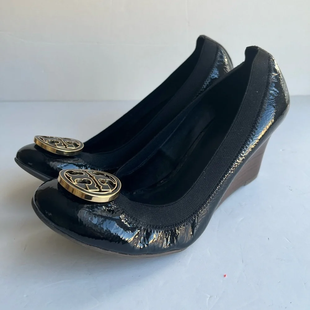 Tory Burch Caroline Black Patent Leather Wedges Size 9 Medium